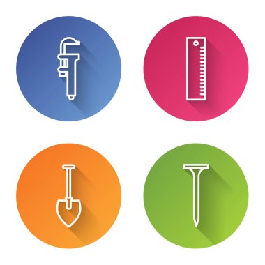 Calliper ya da kalibre ve ölçek, cetvel, kürek ve metal çivi. Renkli daire düğmesi. Vektör.