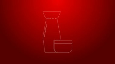 Yeşil çizgi geleneksel Japon çay töreni ikonu kırmızı arka planda izole edildi. Fincanlı çaydanlık. 4K Video hareketli grafik canlandırması