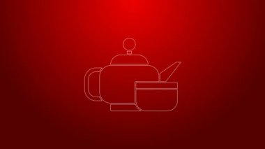 Yeşil çizgi geleneksel Japon çay töreni ikonu kırmızı arka planda izole edildi. Fincanlı çaydanlık. 4K Video hareketli grafik canlandırması