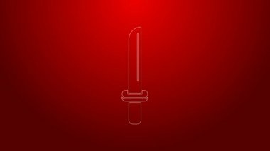 Yeşil çizgi Geleneksel Japon katana simgesi kırmızı arkaplanda izole edildi. Japon kılıcı. 4K Video hareketli grafik canlandırması