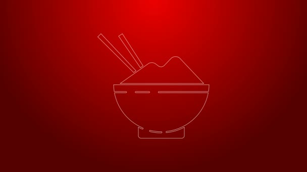 Zöld vonal Rizs egy tálban evőpálcika ikon elszigetelt piros háttérrel. Hagyományos ázsiai étel. 4K Videó mozgás grafikus animáció — Stock videók