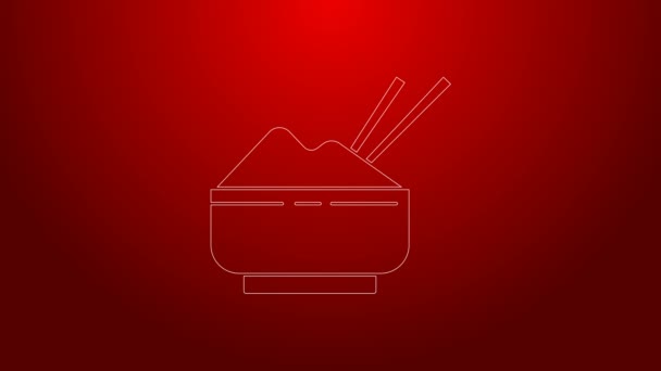 Linea verde Riso in una ciotola con icona a bacchetta isolata su sfondo rosso. Cucina tradizionale asiatica. Animazione grafica 4K Video motion — Video Stock