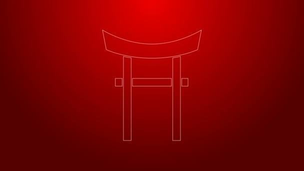 Green line Japan Gate icon isolated on red background. Torii gate sign. Japanese traditional classic gate symbol. 4K Video motion graphic animation — Stock Video