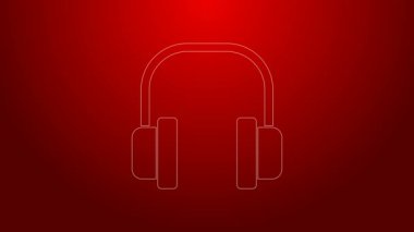 Kırmızı arkaplanda yeşil hat kulaklık simgesi var. Kulaklıklar. Müzik, hizmet, iletişim ve operatör konsepti. 4K Video hareketli grafik canlandırması
