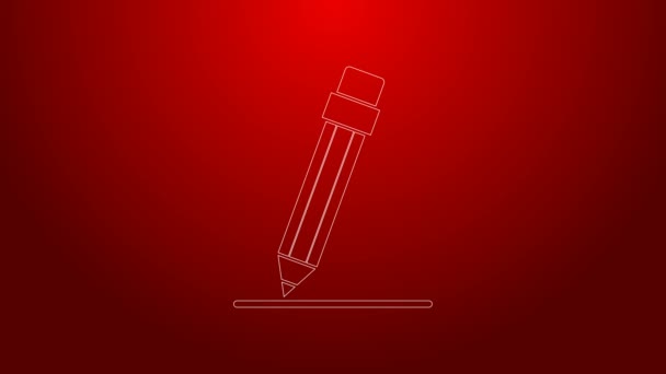 Grüner Strich Bleistift mit Radiergummi und Liniensymbol auf rotem Hintergrund. Bildungszeichen. Zeichen- und Erziehungswerkzeuge. 4K Video Motion Grafik Animation — Stockvideo