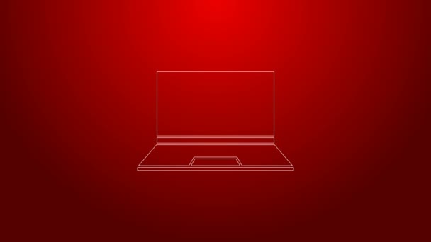 Línea verde Icono del ordenador portátil aislado sobre fondo rojo. Computadora portátil con pantalla vacía. Animación gráfica de vídeo 4K — Vídeo de stock