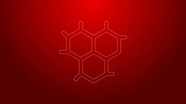 Yeşil çizgi kimyasal formül ikonu kırmızı arkaplanda izole edildi. Yenilikçi tıp, sağlık, araştırma ve bilim için soyut altıgen. 4K Video hareketli grafik canlandırması
