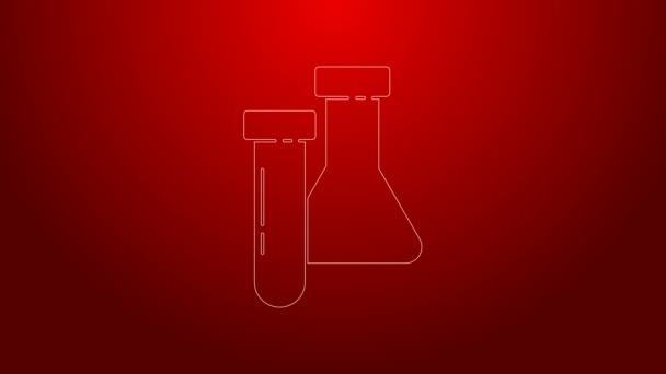 Tabung uji garis hijau dan ikon uji laboratorium kimia labu diisolasi pada latar belakang merah. Peralatan gelas laboratorium. Animasi grafis gerak Video 4K — Stok Video