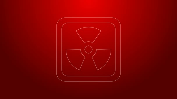 Zöld vonal Radioaktív ikon izolált vörös alapon. Radioaktív mérgező szimbólum. Sugárzási veszély jel. 4K Videó mozgás grafikus animáció — Stock videók