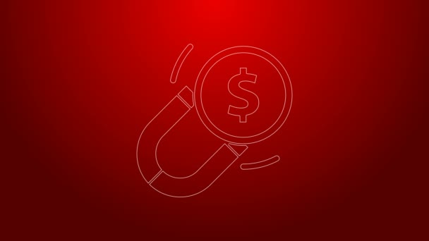 Green line Magnet with money icon isolated on red background. Concept of attracting investments. Big business profit attraction and success. 4K Video motion graphic animation — Stock Video