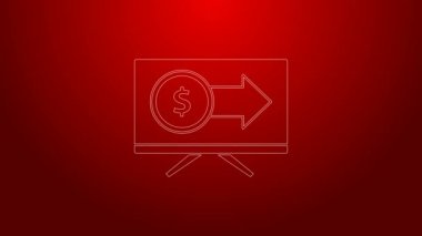 Kırmızı arkaplanda dolar sembolü olan yeşil çizgi monitörü. İnternetten alışveriş konsepti. İnternetten kazanç, pazarlama. 4K Video hareketli grafik canlandırması
