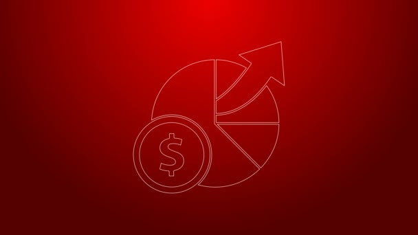 Zöld vonal Pénz és diagram ikon elszigetelt piros háttér. Pénzügyi elemzés, költségvetési tervezés, pénzügyi vezetők. 4K Videó mozgás grafikus animáció — Stock videók