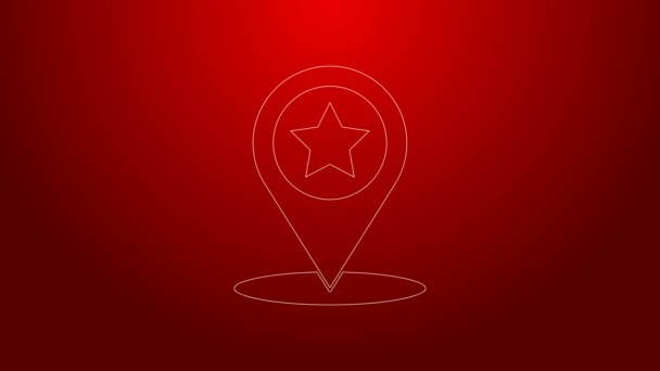 Kırmızı arkaplanda yıldız simgesi olan yeşil çizgi haritası işaretçisi. Yıldız favori iğne haritası simgesi. Harita işaretleyicileri. 4K Video hareketli grafik canlandırması — Stok video
