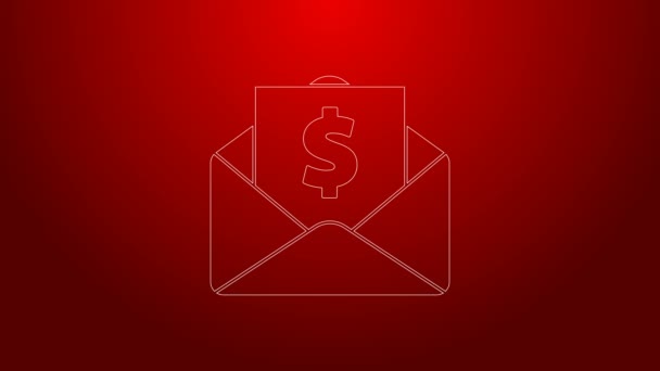Envelope de linha verde com ícone de símbolo de dólar de moeda isolado no fundo vermelho. Aumento salarial, folha de pagamento do dinheiro, renda de compensação. Animação gráfica em movimento de vídeo 4K — Vídeo de Stock