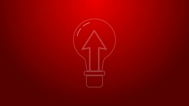 Línea verde Icono de bombilla aislada sobre fondo rojo. Símbolo de energía e idea. Lámpara eléctrica. Animación gráfica de vídeo 4K — Vídeo de stock