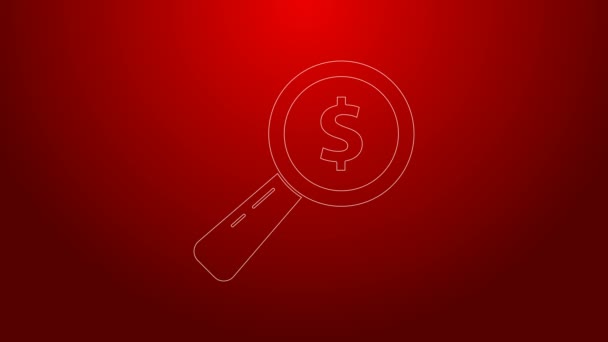 Línea verde Icono de lupa y dólar aislado sobre fondo rojo. Encuentra dinero. Buscando dinero. Animación gráfica de vídeo 4K — Vídeos de Stock