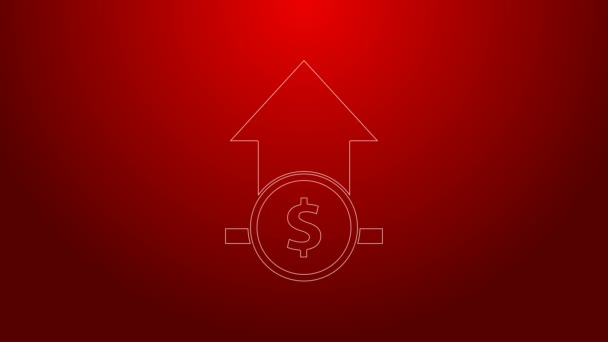 Ligne verte Croissance financière et icône de pièce isolée sur fond rouge. Augmentation des recettes. Animation graphique de mouvement vidéo 4K — Video