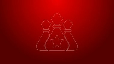 Yeşil çizgi Noel Baba hediye çantası ikonu kırmızı arka planda izole edilmiş. Noel hediyeleri çuvalı. Mutlu Noeller ve mutlu yıllar. 4K Video hareketli grafik canlandırması