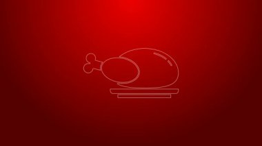 Yeşil çizgi, kızarmış hindi ya da kırmızı arka planda izole edilmiş tavuk ikonu. 4K Video hareketli grafik canlandırması