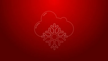 Kırmızı zemin üzerinde kar ikonu olan yeşil çizgi bulutu. Kar taneli bulut. Tek hava ikonu. Kar tabelası. 4K Video hareketli grafik canlandırması