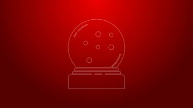 Kırmızı zemin üzerinde kar ikonu olan yeşil çizgili Noel kar küresi. Mutlu Noeller ve mutlu yıllar. 4K Video hareketli grafik canlandırması