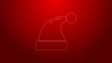 Yeşil çizgi Noel Baba şapkası ikonu kırmızı arka planda izole edildi. Mutlu Noeller ve mutlu yıllar. 4K Video hareketli grafik canlandırması