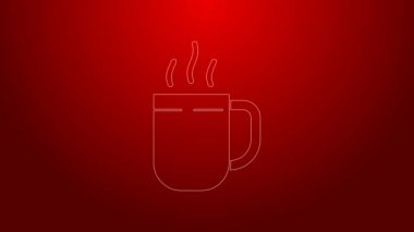 Yeşil çizgi kahve fincanı simgesi kırmızı arkaplanda izole edilmiş. Çay fincanı. Sıcak içecek kahvesi. 4K Video hareketli grafik canlandırması