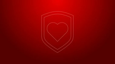 Kırmızı arkaplanda yeşil çizgili kalp simgesi var. Aşk sembolü. Güvenlik, güvenlik, koruma, konsept koruma. Sevgililer Günü. 4K Video hareketli grafik canlandırması