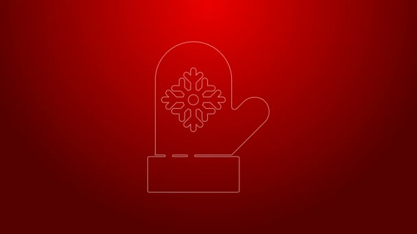 Zöld vonal Karácsonyi kesztyű ikon elszigetelt piros háttérrel. 4K Videó mozgás grafikus animáció — Stock videók