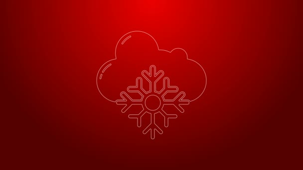 Zelená čára Cloud s ikonou sněhu izolované na červeném pozadí. Mrak se sněhovými vločkami. Ikona počasí. Sněhová tabule. Grafická animace pohybu videa 4K — Stock video