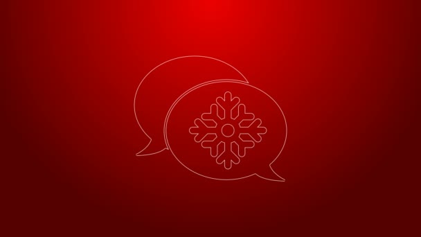 Green line Snowflake with speech bubble icon isolated on red background. Merry Christmas and Happy New Year. 4K Video motion graphic animation — Stock Video