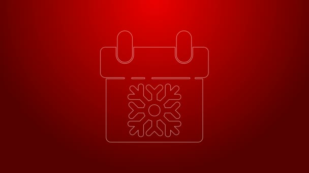 Zöld vonal Naptár ikon elszigetelt piros háttérrel. Eseményemlékeztető szimbólum. Boldog karácsonyt és boldog új évet! 4K Videó mozgás grafikus animáció — Stock videók