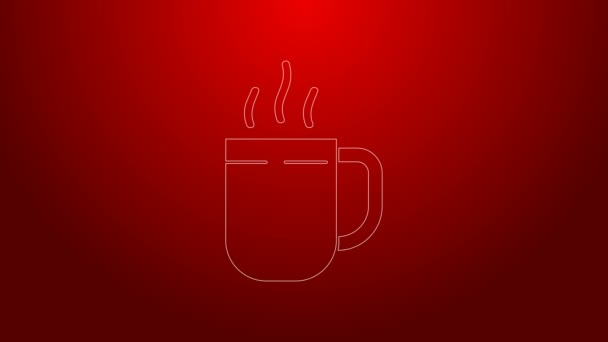 Linha verde ícone xícara de café isolado no fundo vermelho. Uma chávena. Café quente. Animação gráfica em movimento de vídeo 4K — Vídeo de Stock