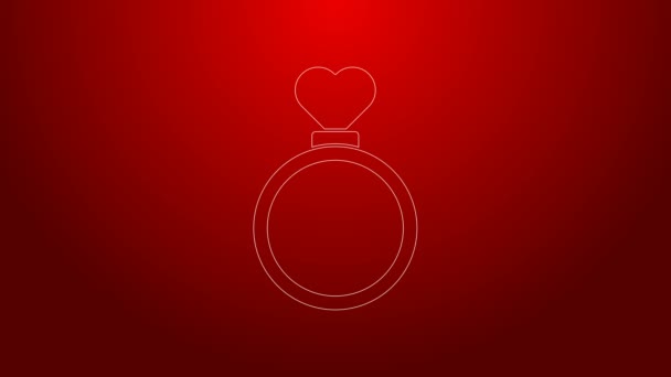 Green line Wedding rings icon isolated on red background. Bride and groom jewelry sign. Marriage symbol. Diamond ring. 4K Video motion graphic animation — Stock Video