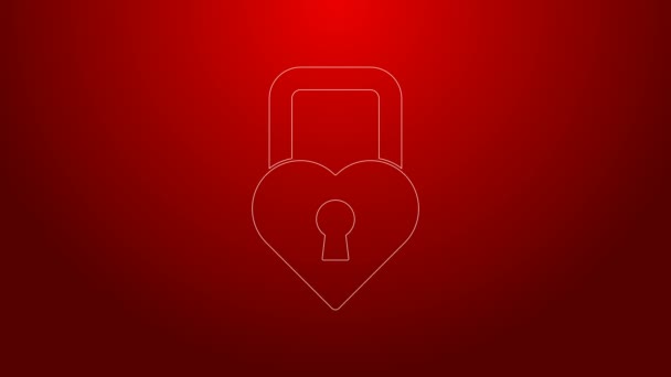 绿线城堡的形状是心形图标,与红色背景隔离.锁定的心脏。爱的象征和钥匙孔标志。情人节。4K视频运动图形动画 — 图库视频影像
