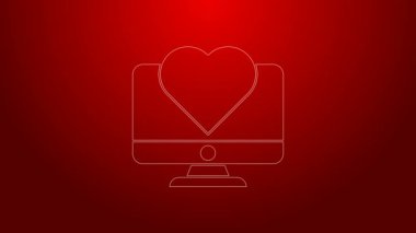 Kırmızı arkaplanda kalp ikonu olan yeşil çizgi bilgisayar monitörü. Sevgililer Günü. 4K Video hareketli grafik canlandırması