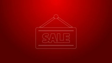 Kırmızı arkaplanda izole edilmiş metin satışı simgesi olan yeşil çizgi asma işareti. Mesaj indirimli tabela. 4K Video hareketli grafik canlandırması