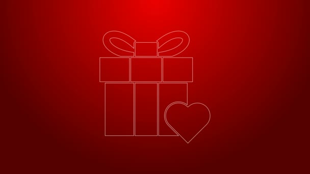 Yeşil çizgi hediye kutusu ve kalp ikonu kırmızı arka planda izole edilmiş. Sevgililer Günü. 4K Video hareketli grafik canlandırması — Stok video