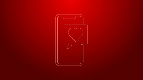 Linha verde Smartphone com coração emoji fala bolha receber mensagem no ícone de tela isolado no fundo vermelho. Dia dos Namorados. Animação gráfica em movimento de vídeo 4K — Vídeo de Stock