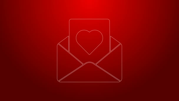 Zöld vonal Boríték Valentin szív ikon elszigetelt piros háttérrel. Üzenetszeretet. Levél szerelem és romantika. 4K Videó mozgás grafikus animáció — Stock videók