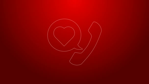 Linea verde Telefono con cuore emoji bolla discorso ottenere messaggio sull'icona dello schermo isolato su sfondo rosso. San Valentino. Animazione grafica 4K Video motion — Video Stock