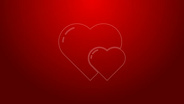 Grønt linje Hjerteikon isolert på rød bakgrunn. Romantisk symbol knyttet sammen, forent, lidenskap og bryllup. Valentinssymbolet. 4K Video motion grafisk animasjon – stockvideo