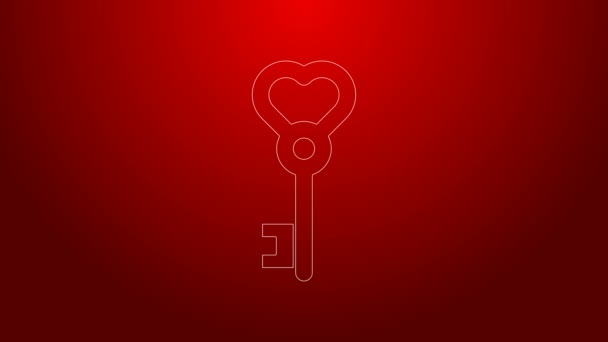 Groene lijn Sleutel in hartvorm pictogram geïsoleerd op rode achtergrond. Valentijnsdag. 4K Video motion grafische animatie — Stockvideo