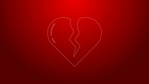 Línea verde Corazón roto o icono de divorcio aislado sobre fondo rojo. Símbolo de amor. Día de San Valentín. Animación gráfica de vídeo 4K — Vídeos de Stock