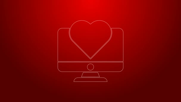 Grön linje Datorskärm med hjärtat ikon isolerad på röd bakgrund. Alla hjärtans dag. 4K Video motion grafisk animation — Stockvideo