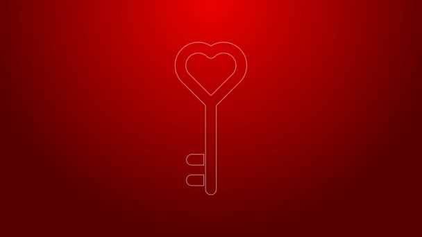Groene lijn Sleutel in hartvorm pictogram geïsoleerd op rode achtergrond. Valentijnsdag. 4K Video motion grafische animatie — Stockvideo