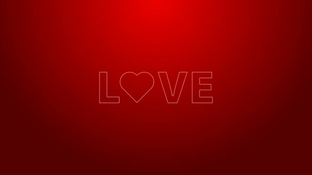 Línea verde Icono de texto Love aislado sobre fondo rojo. Plantilla de tarjeta de felicitación de San Valentín. Animación gráfica de vídeo 4K — Vídeos de Stock