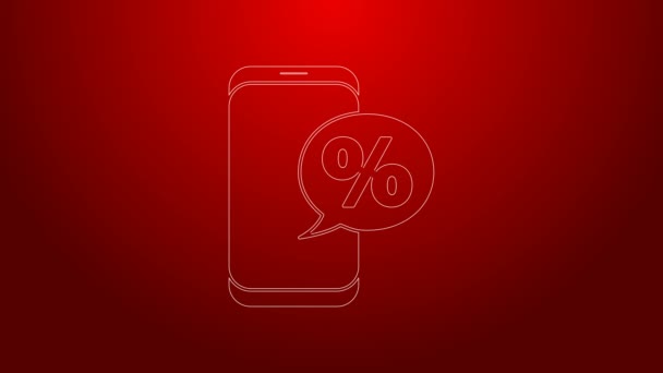 Línea verde Porcentaje de descuento y teléfono móvil icono aislado sobre fondo rojo. Porcentaje de venta - etiqueta de precio, etiqueta. Animación gráfica de vídeo 4K — Vídeo de stock