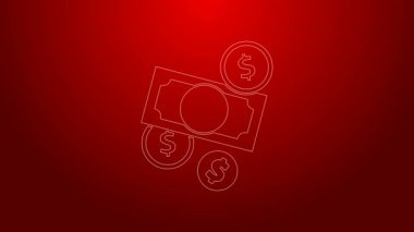 Yeşil Hat Yığını kağıt para nakit para ve dolar sembollü para kırmızı arka planda izole edilmiş. Para desteleri. 4K Video hareketli grafik canlandırması