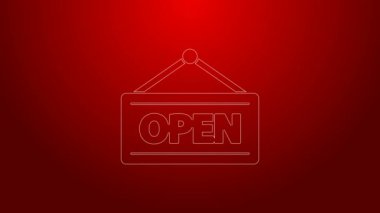 Kırmızı arkaplanda izole edilmiş metin açık kapı simgesi ile yeşil çizgi asılı işareti. 4K Video hareketli grafik canlandırması